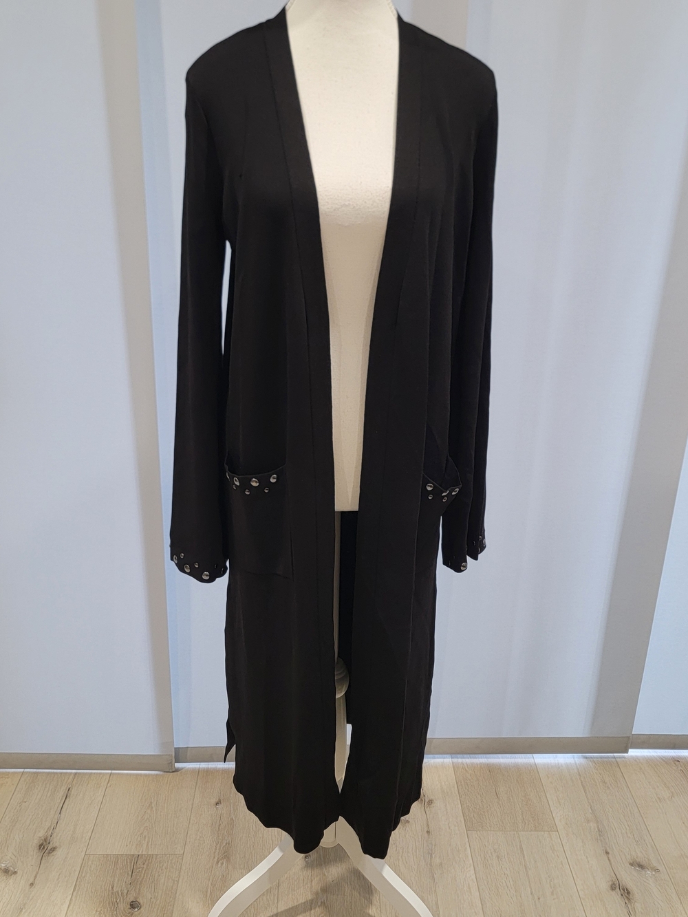 Joseph Ribkoff Black Long Open-Front Cardigan with Stud Details